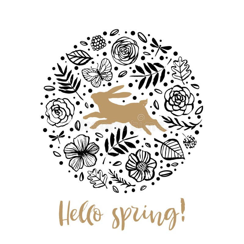 Hello spring. Running silhouette of a rabbit in the flower circle. Calligraphy card. Hand drawn design elements. Handwritten mode stock illustration Hello spring. Running silhouette of a rabbit in the flower circle. Calligraphy card. Hand drawn design elements. Handwritten mode stock illustration
