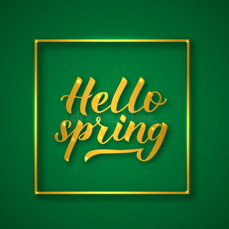 Chào đón mùa xuân với chữ viết lấp lánh và khung vàng trên nền xanh lá cây - một thiết kế tuyệt đẹp và đầy màu sắc để bắt đầu ngày mới. Hãy xem ngay để cảm nhận sự tươi mới và đầy hy vọng của mùa xuân.