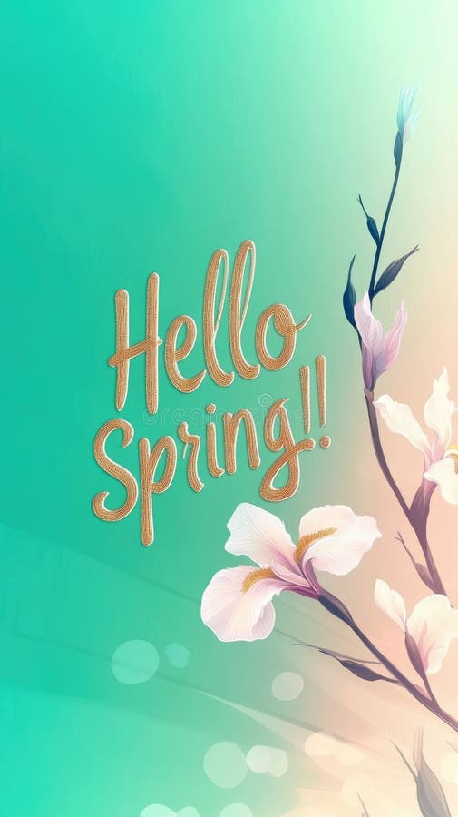 Hello spring text and beautiful iris flowers stock image