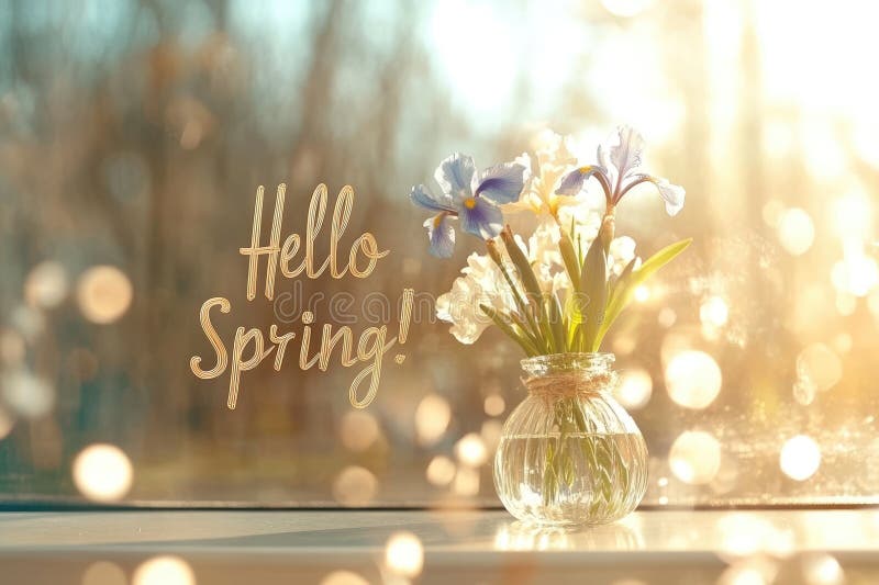 Hello spring text and beautiful iris flowers royalty free stock images