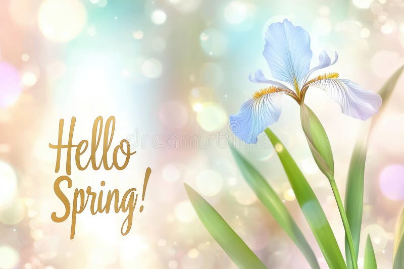 Hello spring text and beautiful iris flowers royalty free stock photos