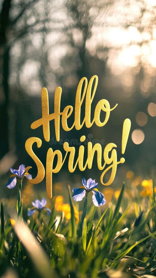 Hello spring text and beautiful iris flowers royalty free stock images