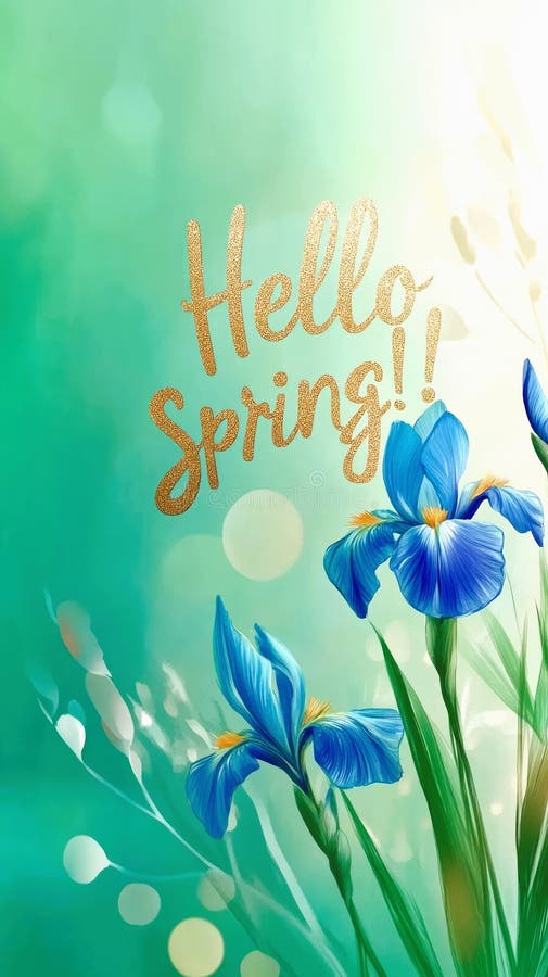 Hello spring text and beautiful iris flowers royalty free stock photography
