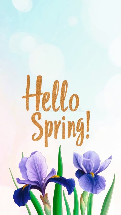 Hello spring text and beautiful iris flowers stock photography