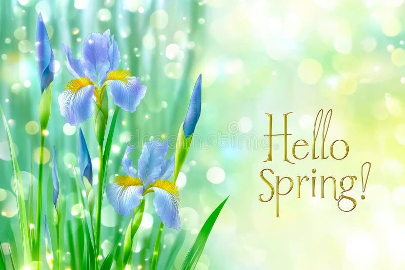 Hello spring text and beautiful iris flowers stock photography