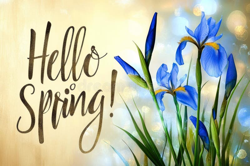 Hello spring text and beautiful iris flowers stock images