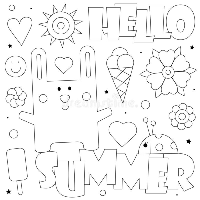 Hello Summer. Coloring Page. Vector Illustration of a Rabbit, Icecream