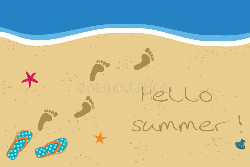 Hello Summer vacation vector illustration with pair of flip flops and human barefoot foot prints on the sand going into water. Sandy sea shore with footprints and shells. Hello Summer vacation vector illustration with pair of flip flops and human barefoot foot prints on the sand going into water. Sandy sea shore with footprints and shells.