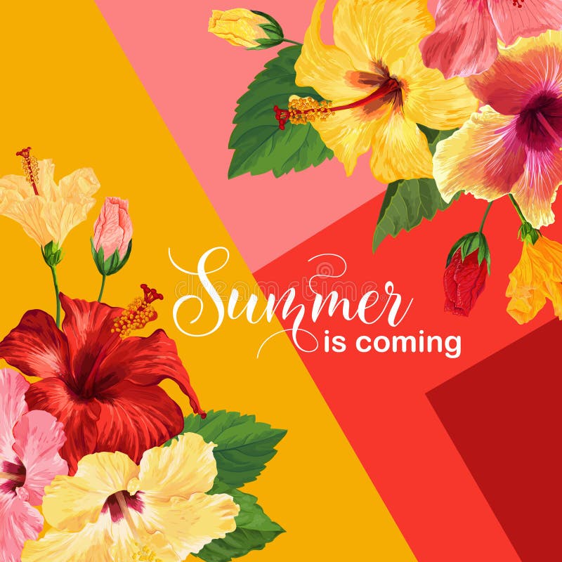 Hello Summer Poster. Floral Design with Red and Yellow Hibiscus Flowers for T-shirt, Fabric, Party, Banner, Flyer