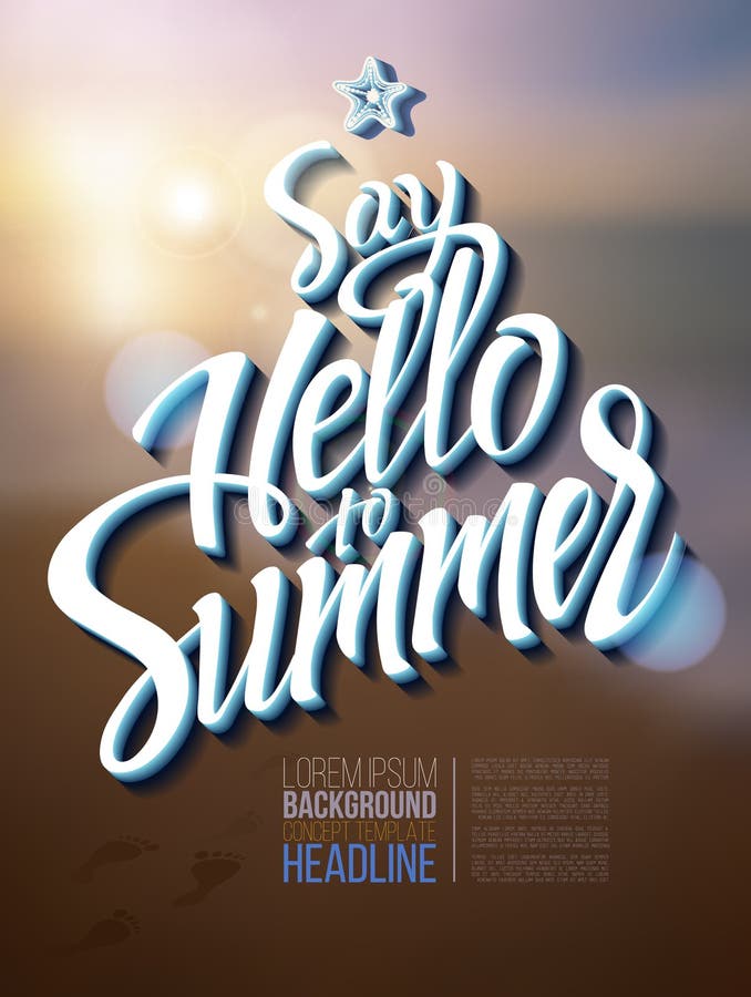 Hello summer poster inscription on a background seascape picture.