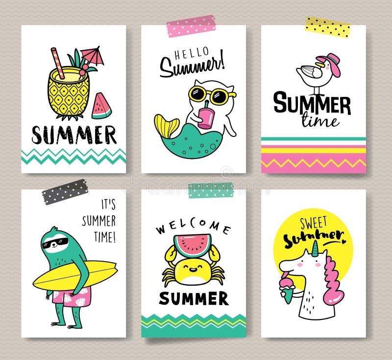 Set of fun summer holidays cards. Set of fun summer holidays cards
