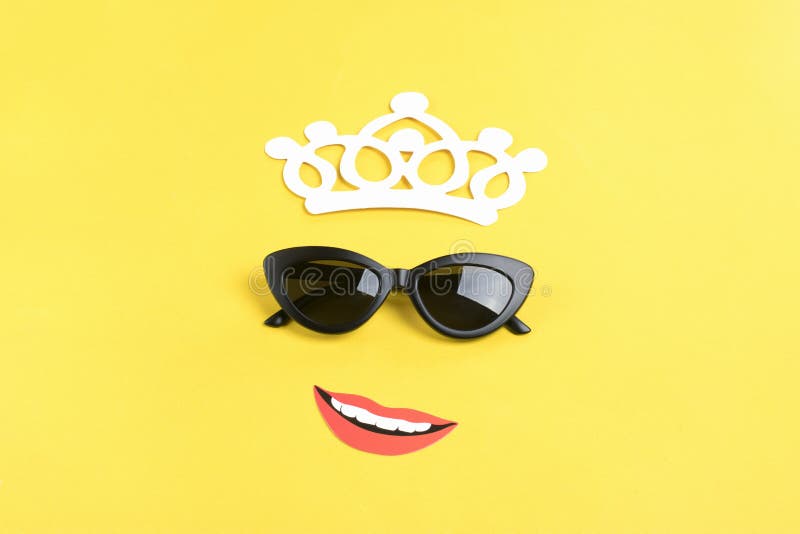 Hello summer The sun with stylish black sunglasses, smiling mouth on yellow background stock photo Hello summer The sun with stylish black sunglasses, smiling mouth on yellow background stock photo