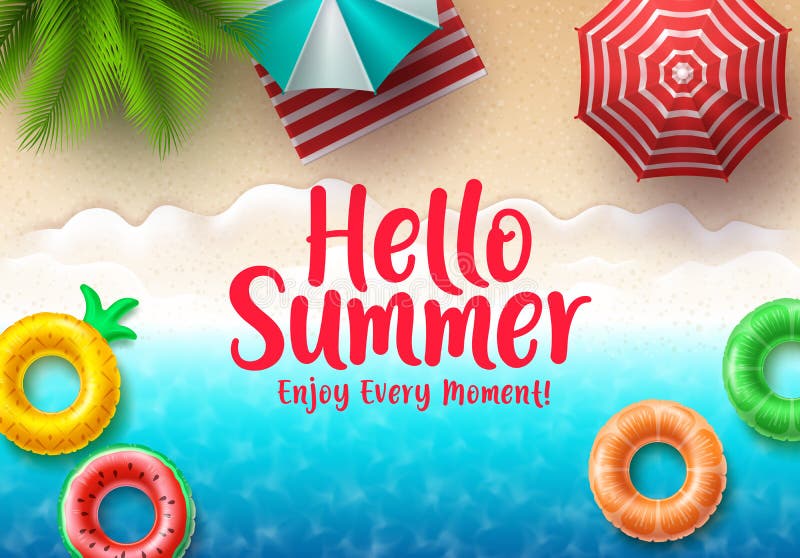 Hello summer text vector banner. Summer beach top view with colorful floating beach elements stock illustration