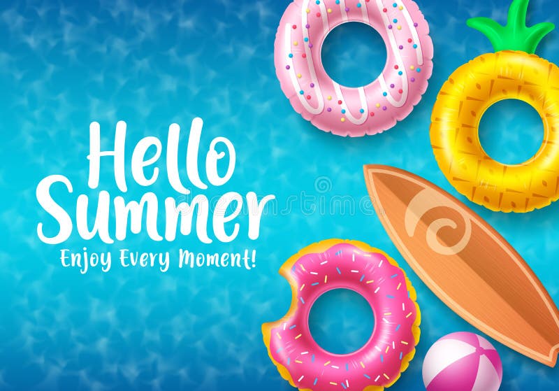 Hello summer vector banner design. Colorful summer beach floaters