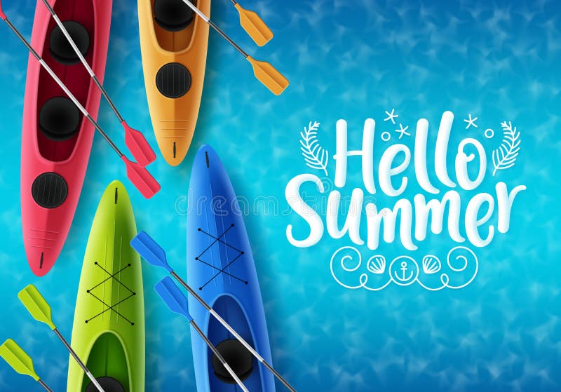 Hello summer vector banner design. Hello summer text with colorful floating kayak boat elements royalty free illustration