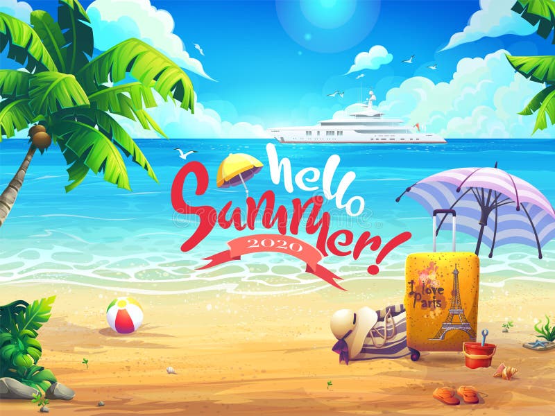 Hello summer vector beach and cruise liner