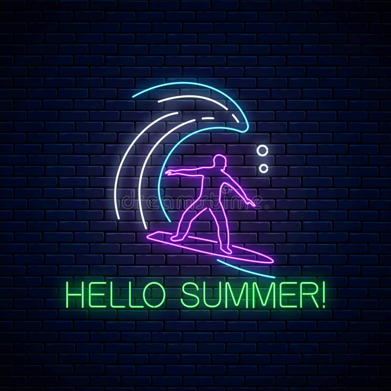 Hello-teken van het de zomer het gloeiende neon met surfer in oceaangolf Mens op surfplank op golven vector illustratie Hello-teken van het de zomer het gloeiende neon met surfer in oceaangolf Mens op surfplank op golven vector illustratie