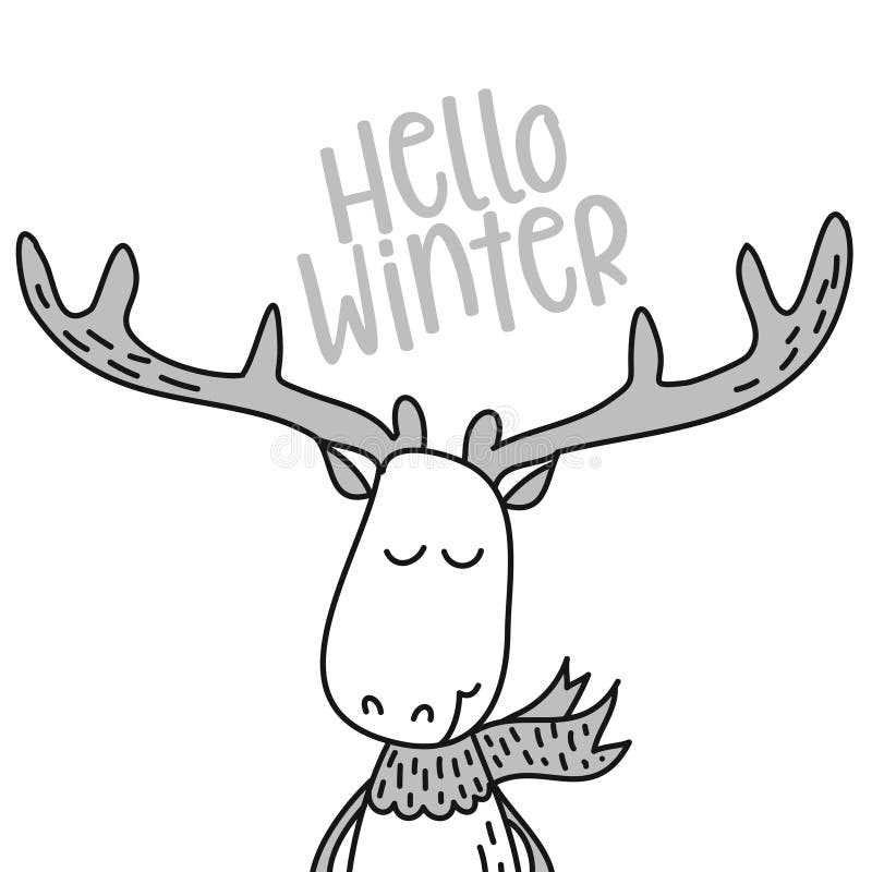 Hello vinter - gulliga hjortar planlägger det utdragna klottret för den roliga handen, tecknad filmtecken stock illustrationer