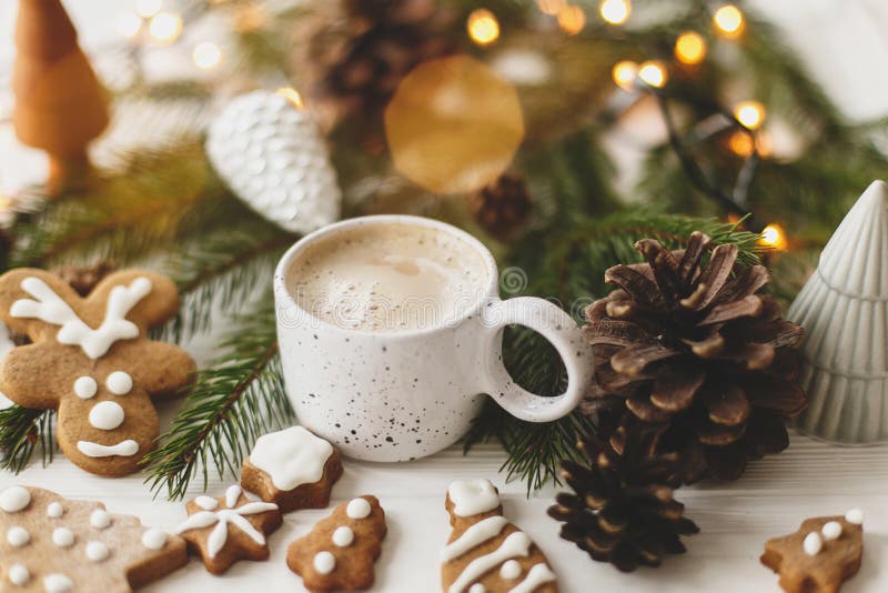 Cozy Winter Mood. Coffee with Gingerbread Cookies, Pine Cones and Warm ...