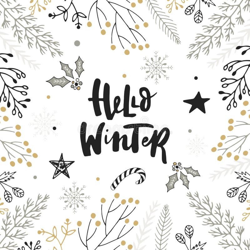 Hello winter - hand drawn Christmas lettering with floral and decorations. Cute New Year clip art. Vector illustration.