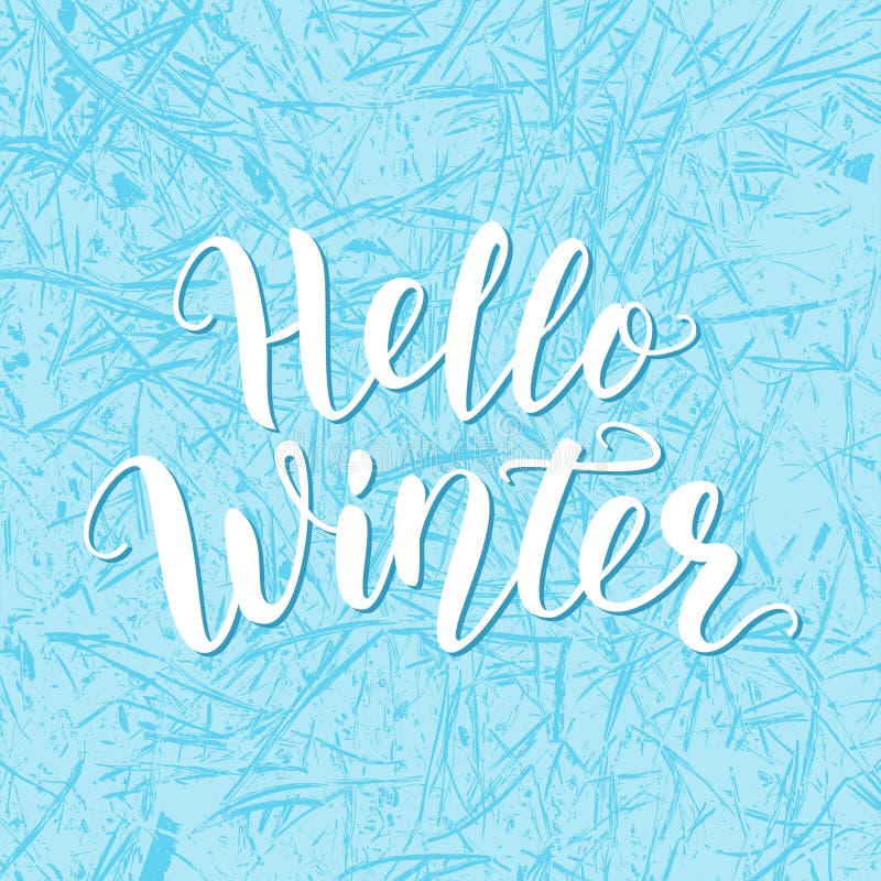 Hello övervintrar Blå logo för handbokstävercitationstecken med djupfryst textur Calligraphic design för borste också vektor för stock illustrationer