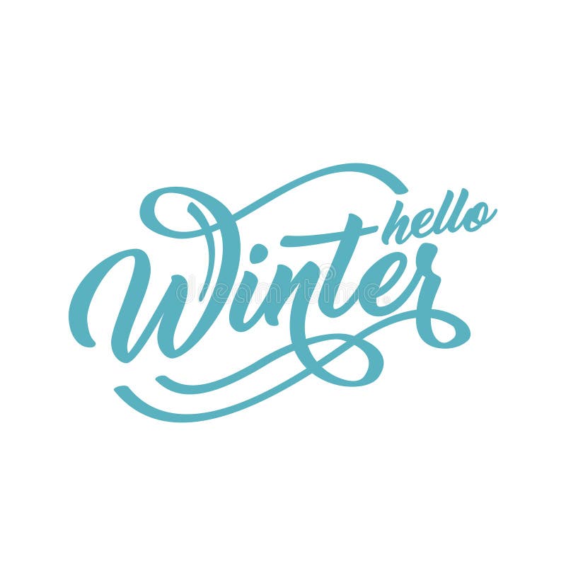Hello övervintrar den handlettering inskriften Gräsplan till blå text på en vit bakgrund Vinterlogoer och emblem för stock illustrationer