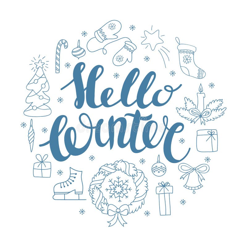 Hello övervintrar handlettering med julbeståndsdelar Vintersäsongkort som hälsar vektor illustrationer