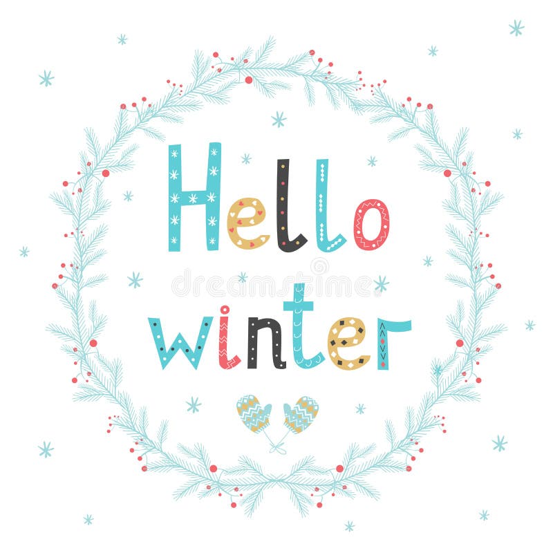 Hello övervintrar Hälsningkort med en festlig krans bakgrundsdesignelement fyra vita snowflakes stock illustrationer