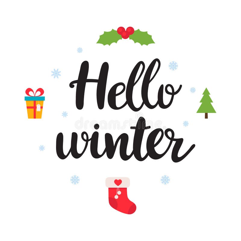Hello övervintrar Härlig affisch med snöflingor, jul mistel, gåvan och handskriven text Rolig vektorbakgrund Jul stock illustrationer