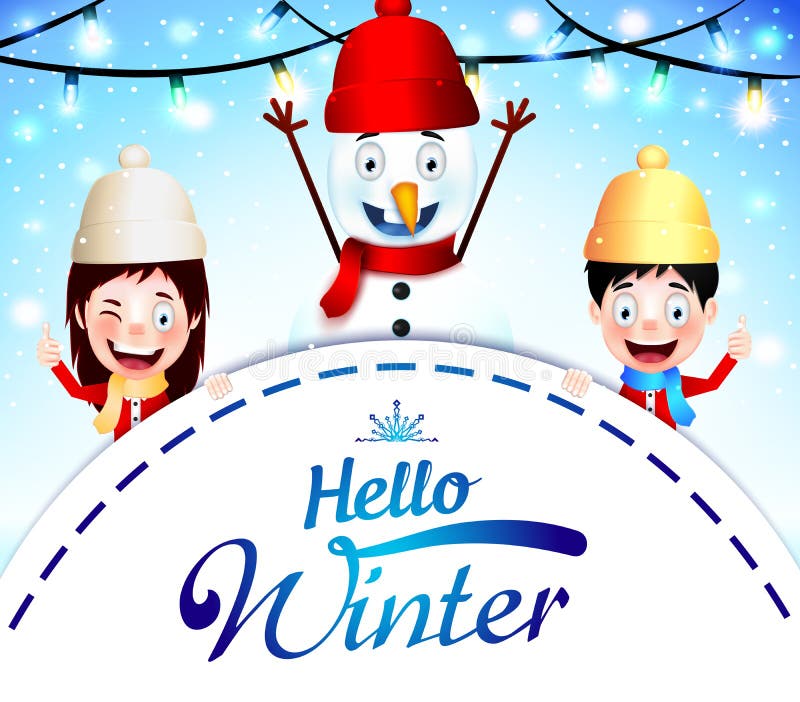 Hello övervintrar med lyckliga ungar och illustrationen för snögubbehälsningvektor royaltyfri illustrationer
