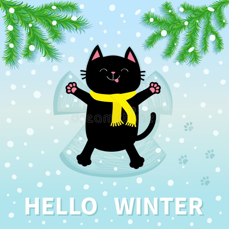 Hello övervintrar Svart katt som lägger på baksida Framställning av snöängel stock illustrationer