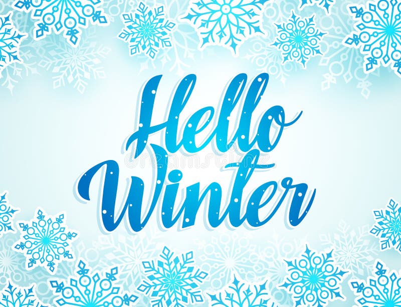Hello övervintrar vektorhälsningar planlägger med blå typografi och snöar flingabeståndsdelar vektor illustrationer