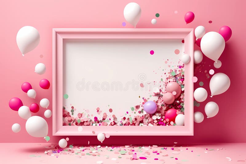 Hellrosa Hintergrund mit einem rosa Rahmen mit Konfetti und Ballons generativen ai stock abbildung