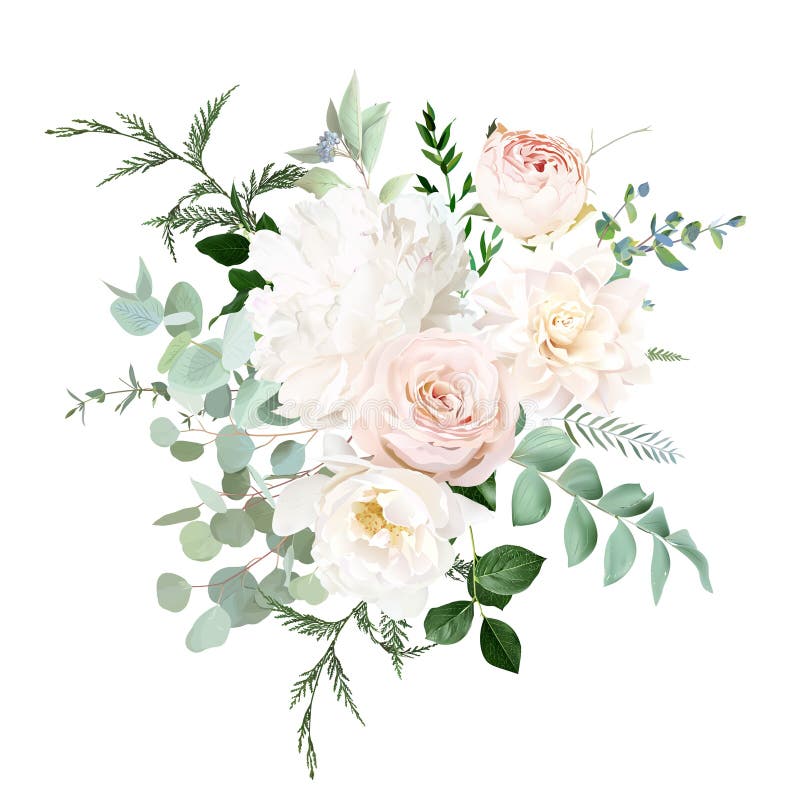 Hellrosa und staubige Rosenpfirsiche, weißer Pfirsiche, beige Dahlia, nackt rosa, Eukalyptus-Vektor-Design-Bouquet. vektor abbildung