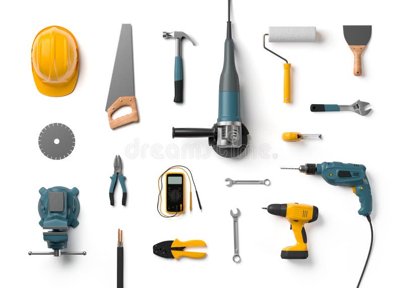 Helmet, drill, angle grinder and other construction tools royalty free illustration