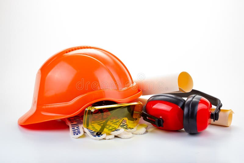 Helmet Industrial Concept and Worker Safety Goggles, Hat Stock Image