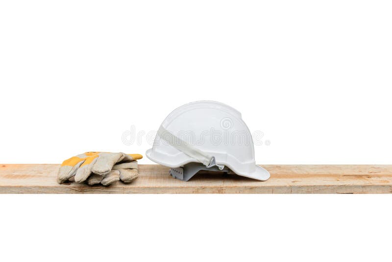 Helmet plastic white and leather glove safety equipment construction of engineering on Wooden floor isolated White background stock image Helmet plastic white and leather glove safety equipment construction of engineering on Wooden floor isolated White background stock image