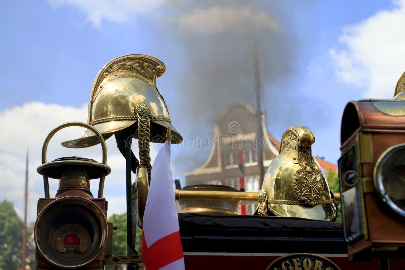Helmets on an old steam locomotive stock photos