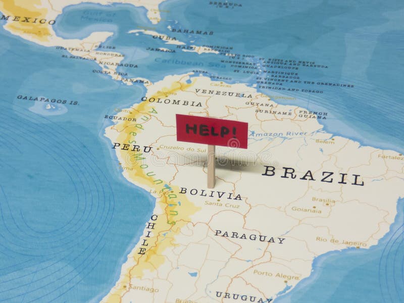 `HELP!` Sign with Pole on Bolivia of the World Map