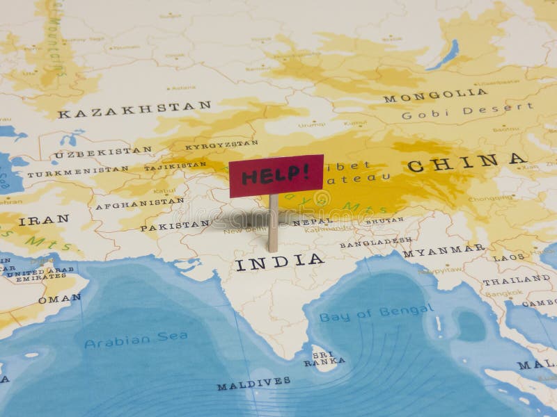 `HELP!` Sign with Pole on India of the World Map