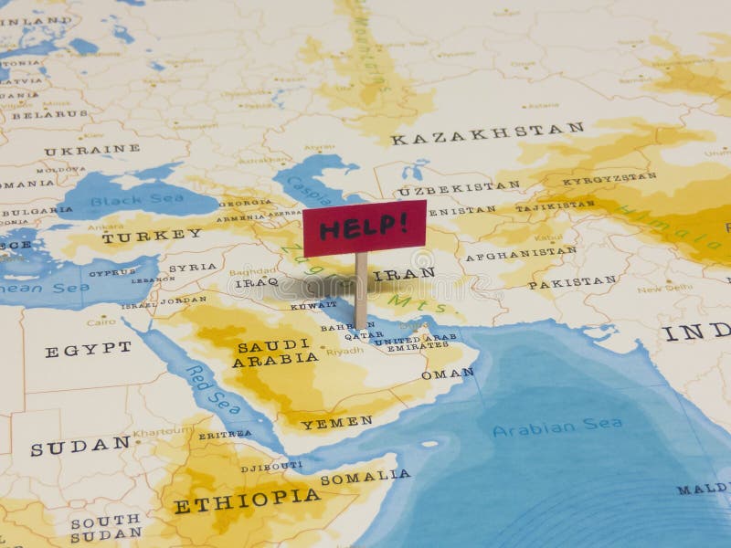 `HELP!` Sign with Pole on Qatar of the World Map