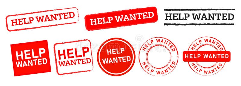 Help wanted rectangle and circle stamp label sticker sign looking for job or fugitive vector illustration