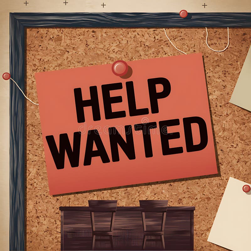 Help Wanted Sign on Corkboard with Empty Chairs royalty free illustration