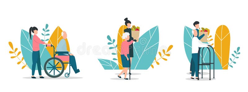 Helping elderly. Volunteers aiding senior people on white background, vector illustration set. Flat style