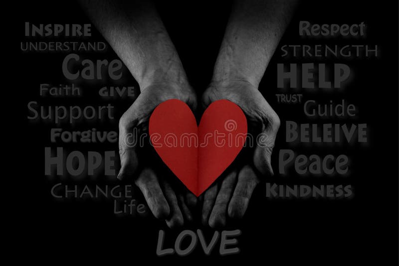 Helping hand concept, Man`s hands palms up, giving red heart, reaching out. Word Cloud