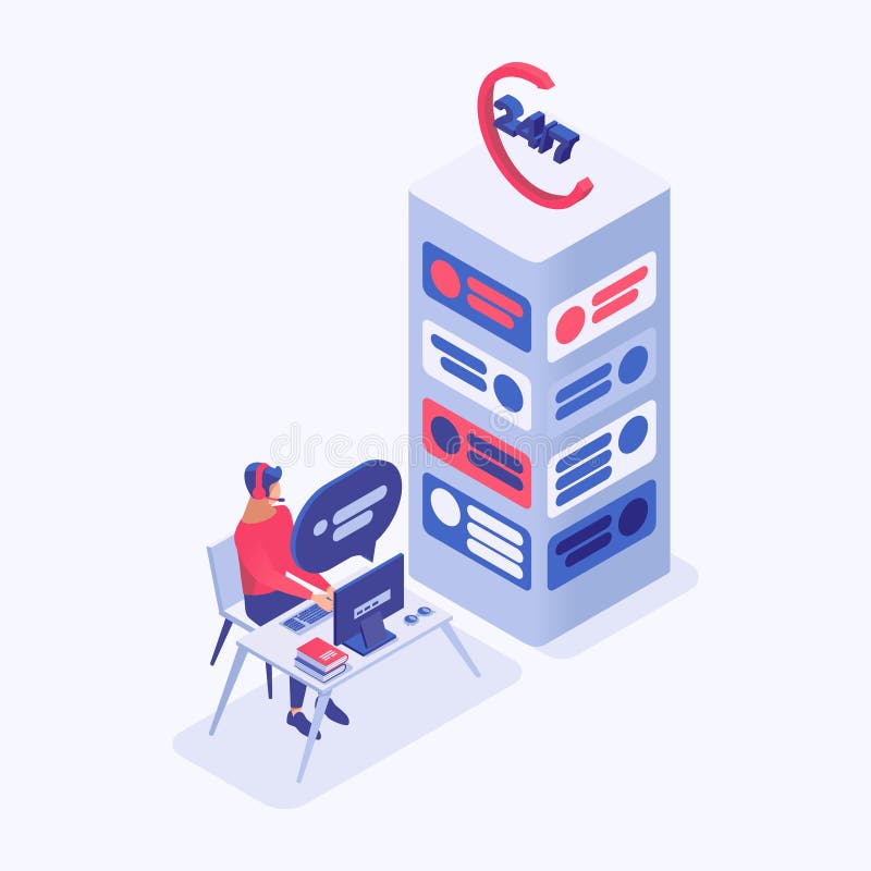 24 7 helpline vector isometric illustration. Call center manager, hotline operator 3d characters. Around the clock vector illustration
