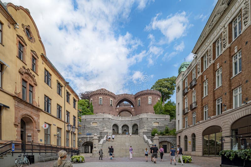 HELSINGBORG, SWEDEN - JULY 16, 2023: The stairs and terrace that lead up to the medieval keep called karnan that defended the Swedes from the Danes in the middle ages. HELSINGBORG, SWEDEN - JULY 16, 2023: The stairs and terrace that lead up to the medieval keep called karnan that defended the Swedes from the Danes in the middle ages