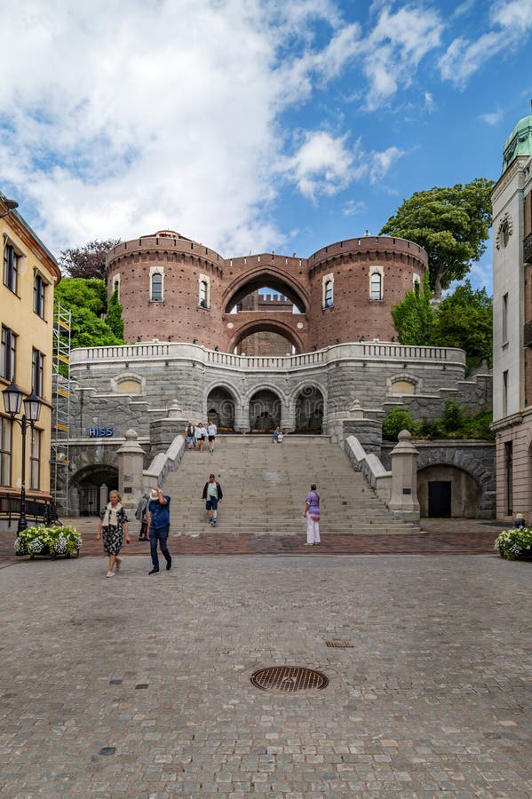 HELSINGBORG, SWEDEN - JULY 16, 2023: The stairs and terrace that lead up to the medieval keep called karnan that defended the Swedes from the Danes in the middle ages. HELSINGBORG, SWEDEN - JULY 16, 2023: The stairs and terrace that lead up to the medieval keep called karnan that defended the Swedes from the Danes in the middle ages