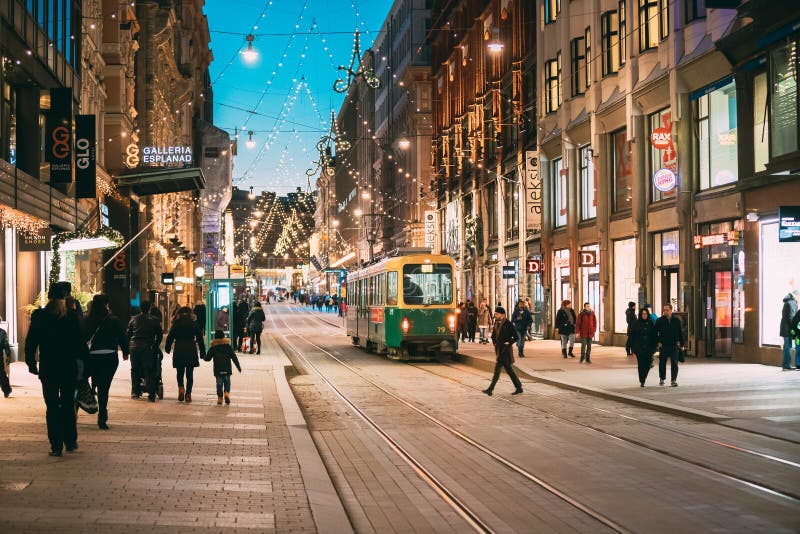 Helsinki, Finland. Tram Departs from Stop on Aleksanterinkatu Street. Night Evening Christmas Xmas New Year Festive Editorial Image - Image of landmark, europe: 168694650