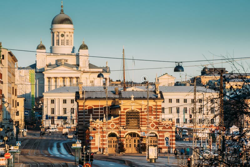 Finland, Helsinki. View Of Helsinki Cathedral And Old Market Hall Vanha Kauppahalli In Sunny Day. Famous Dome Landmark